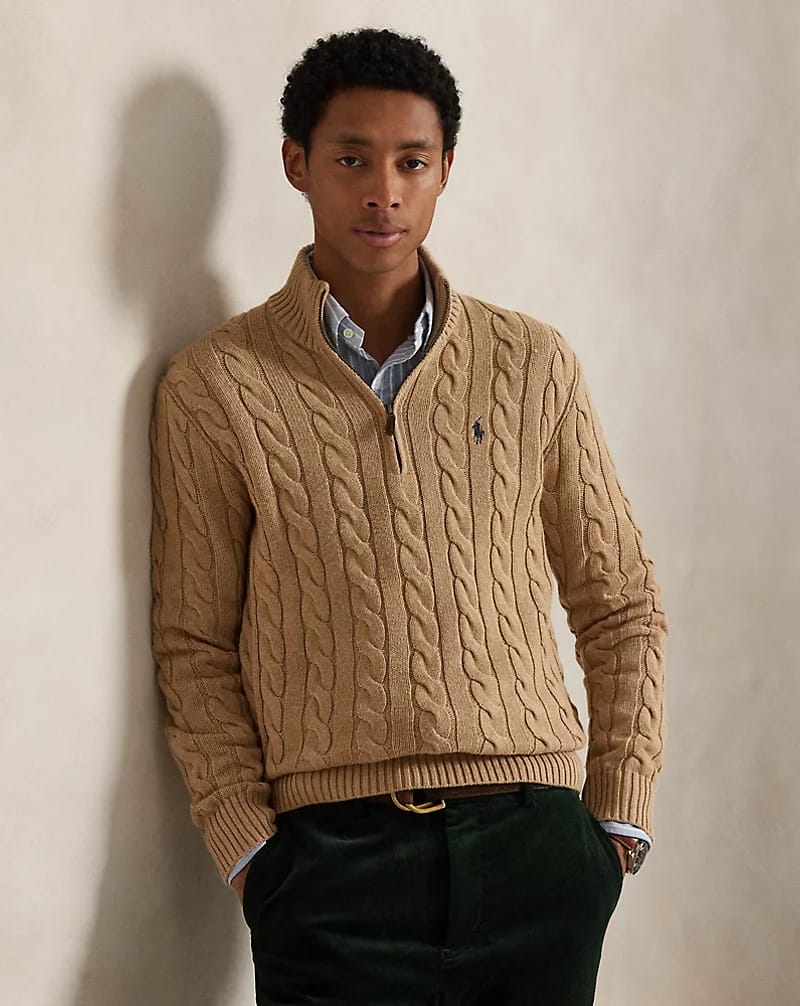 POLO RALPH LAUREN Caramel Whisper Luxe Fit Half-Zip Cable Knit Sweater
