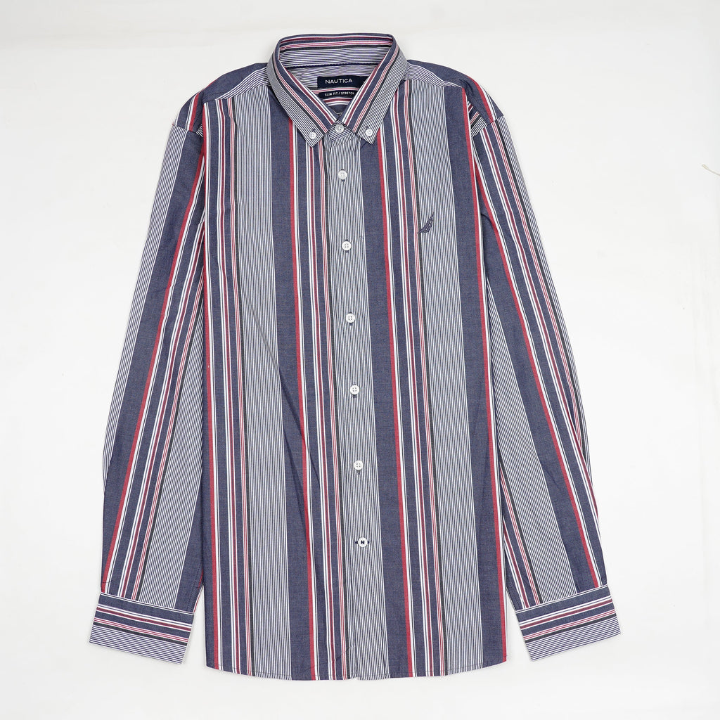 NAUTICA Oceanic Slate Tailored Fit Long Sleeve Striped Shirt
