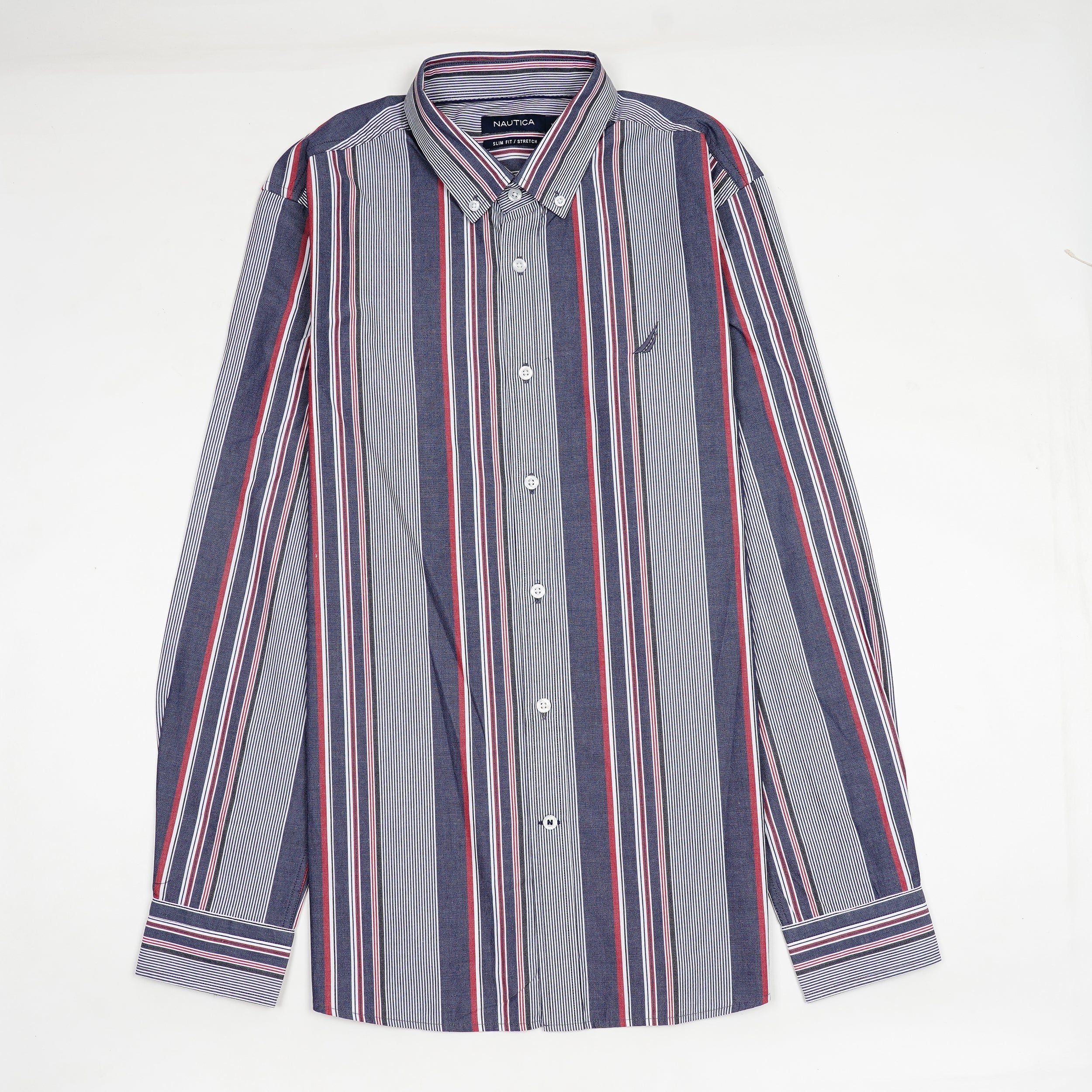 NAUTICA Oceanic Slate Tailored Fit Long Sleeve Striped Shirt