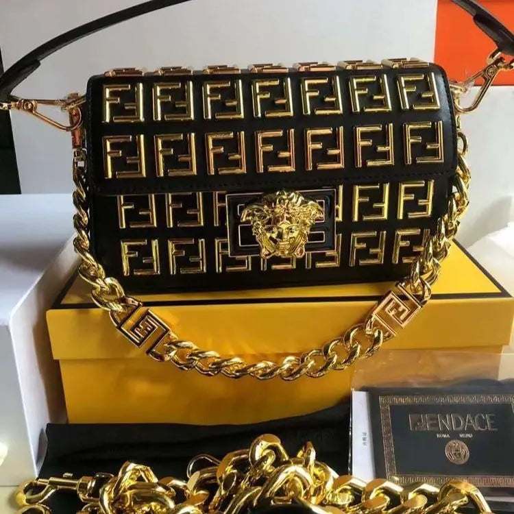 VERSACE Iconic Medusa Gold-Embellished Black Leather Crossbody Bag