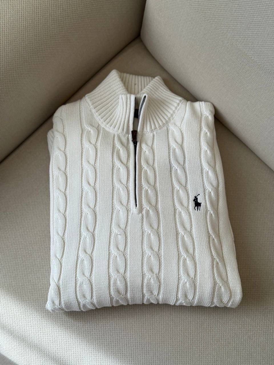 POLO RALPH LAUREN Whisper Cream Luxe Fit Half-Zip Cable Knit Sweater