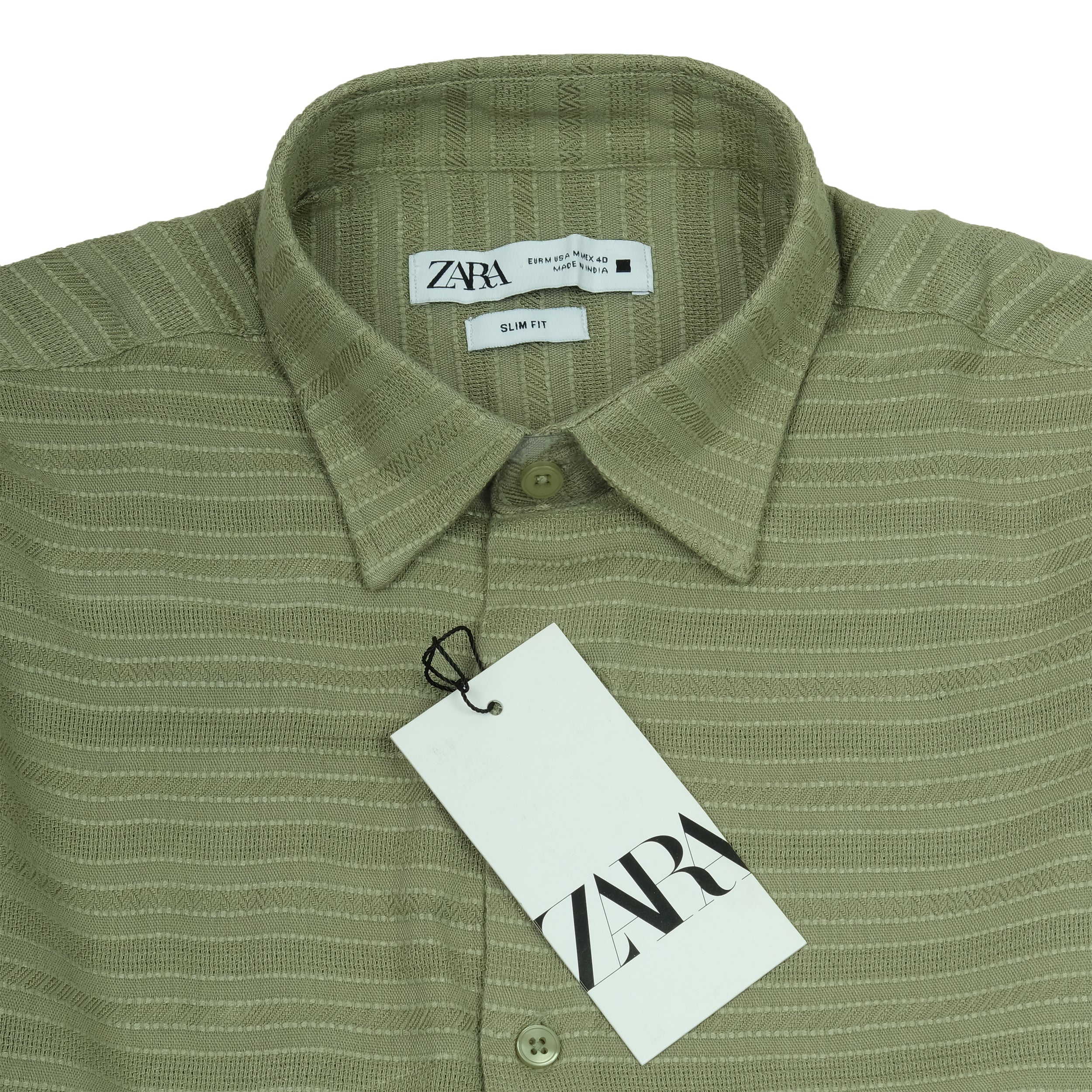 ZARA Mystic Olive Slim Fit Short Sleeve Button-Up Shirt