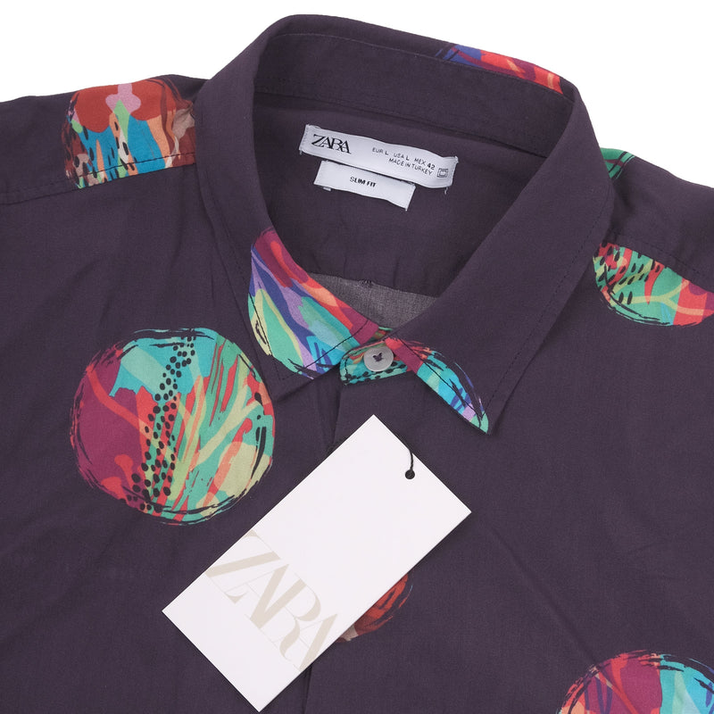 ZARA Enchanted Plum Abstract Multicolor Orb Print Short Sleeve Shirt