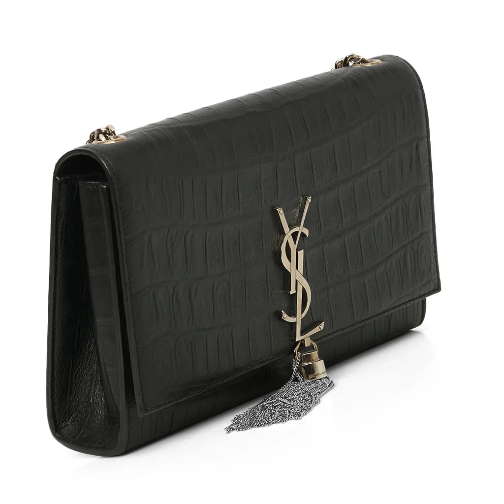 YSL Mystic Onyx Chic Crocodile-Pattern Leather Clutch with Chain Strap