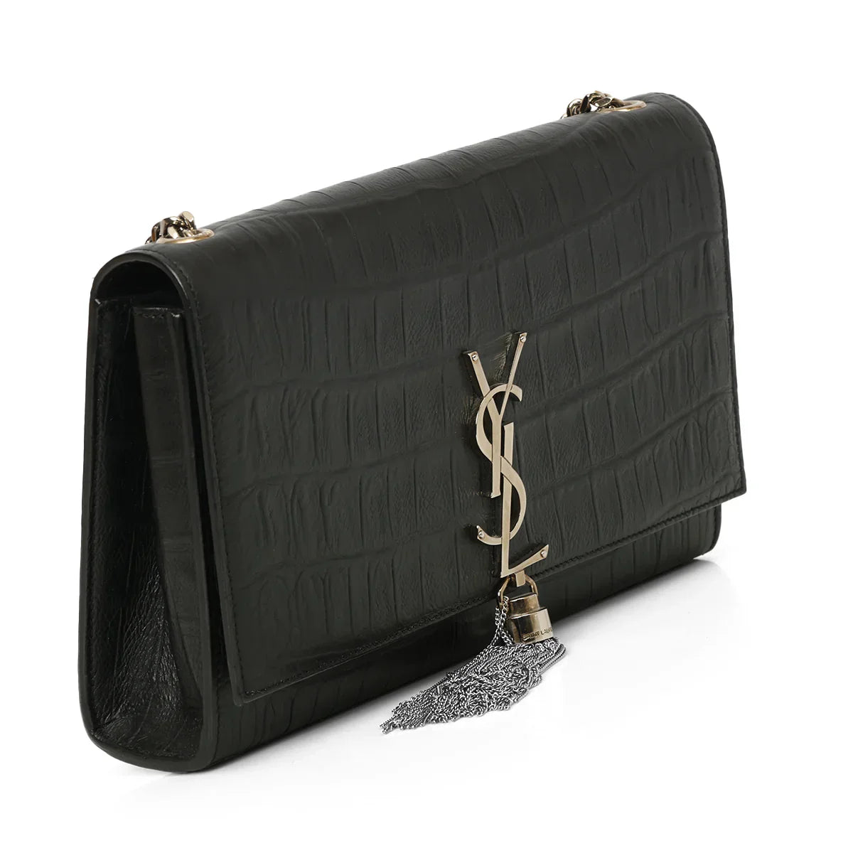 YSL Mystic Onyx Chic Crocodile-Pattern Leather Clutch with Chain Strap