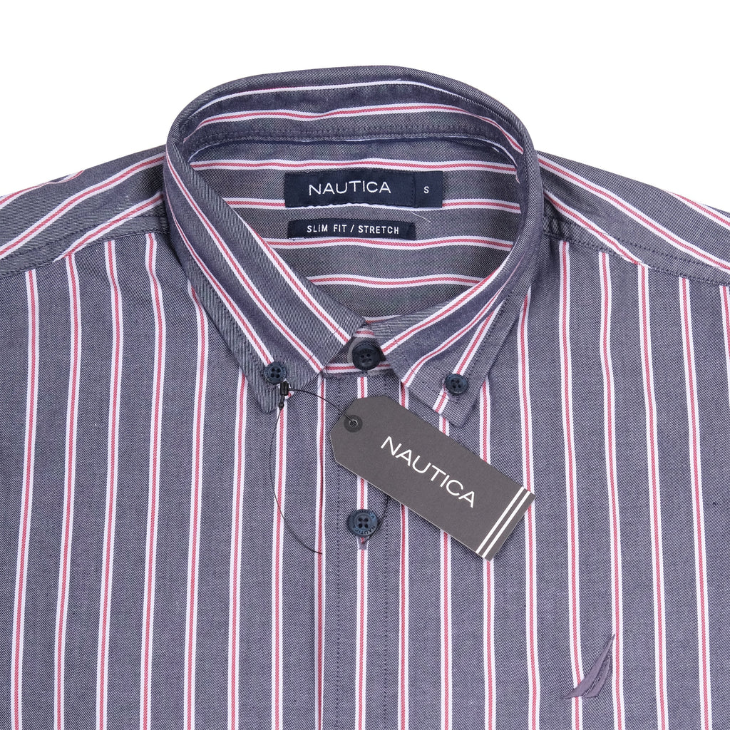 NAUTICA Dusk Blue Slim Fit Stretch Short Sleeve Striped Shirt