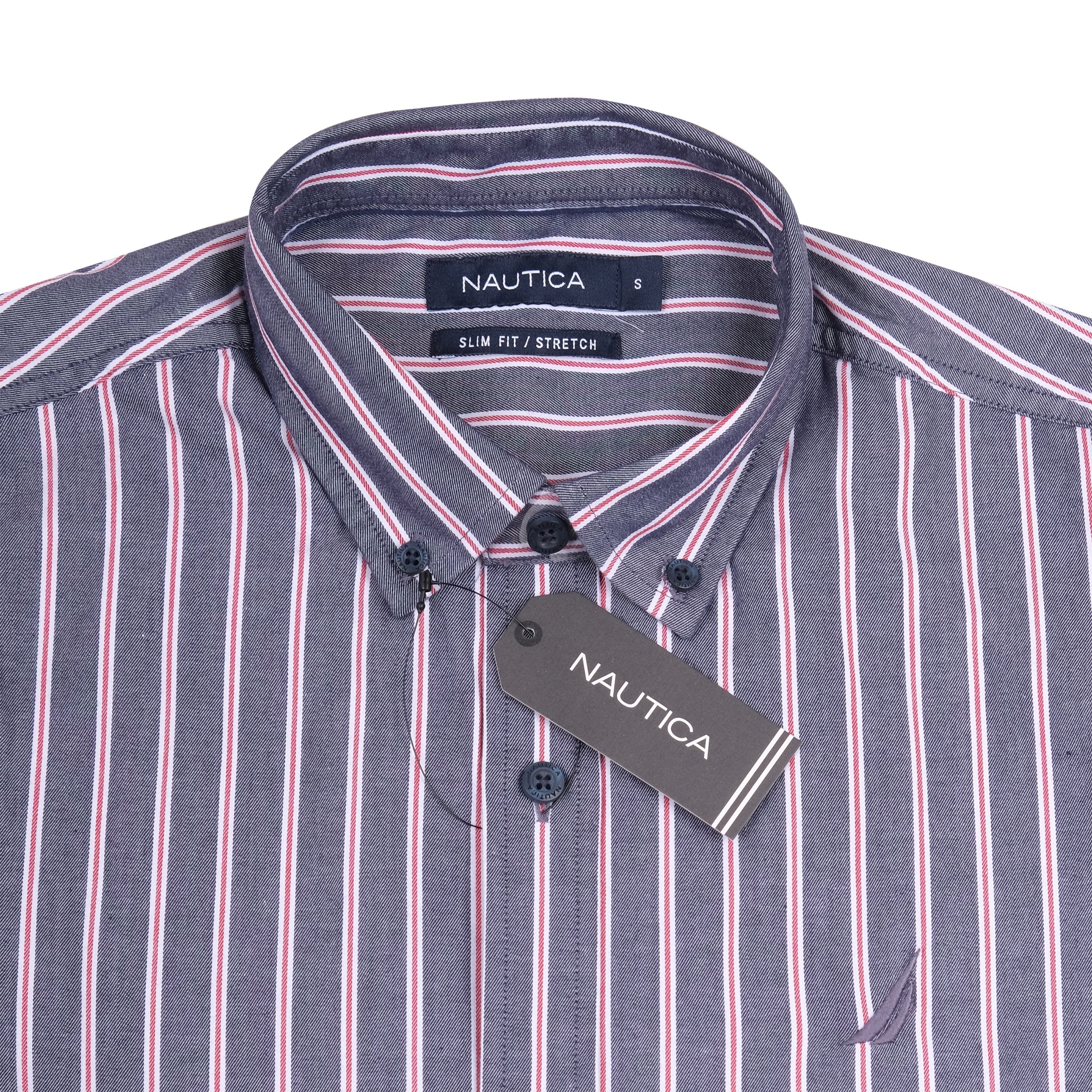 NAUTICA Dusk Blue Slim Fit Stretch Short Sleeve Striped Shirt
