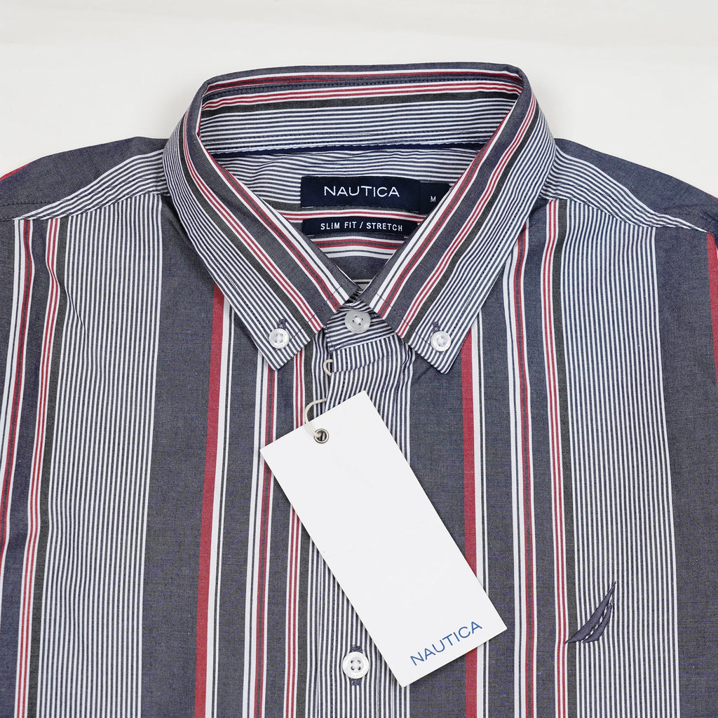 NAUTICA Oceanic Slate Tailored Fit Long Sleeve Striped Shirt