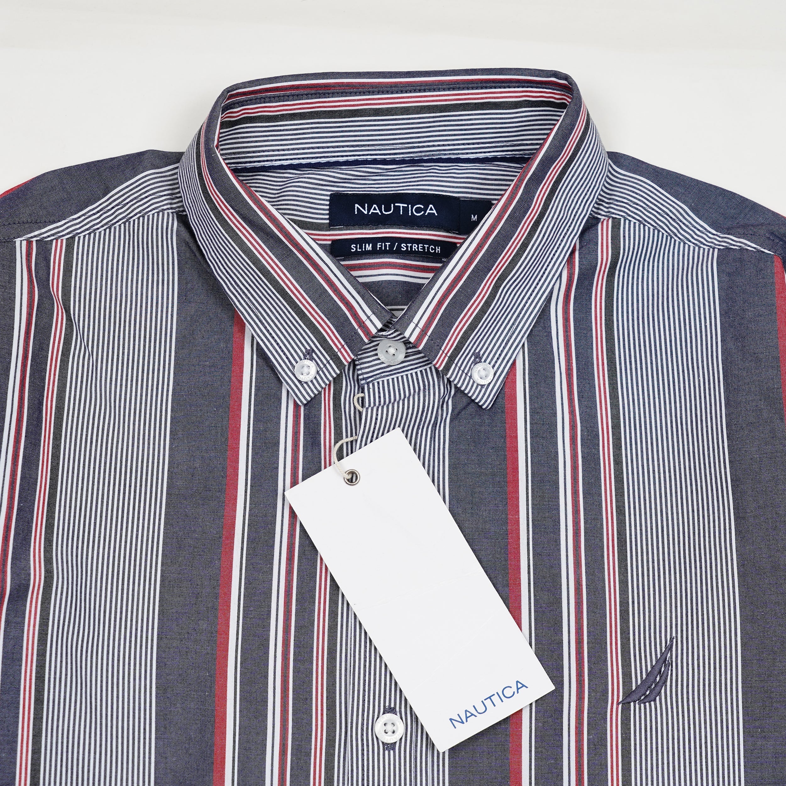 NAUTICA Oceanic Slate Tailored Fit Long Sleeve Striped Shirt