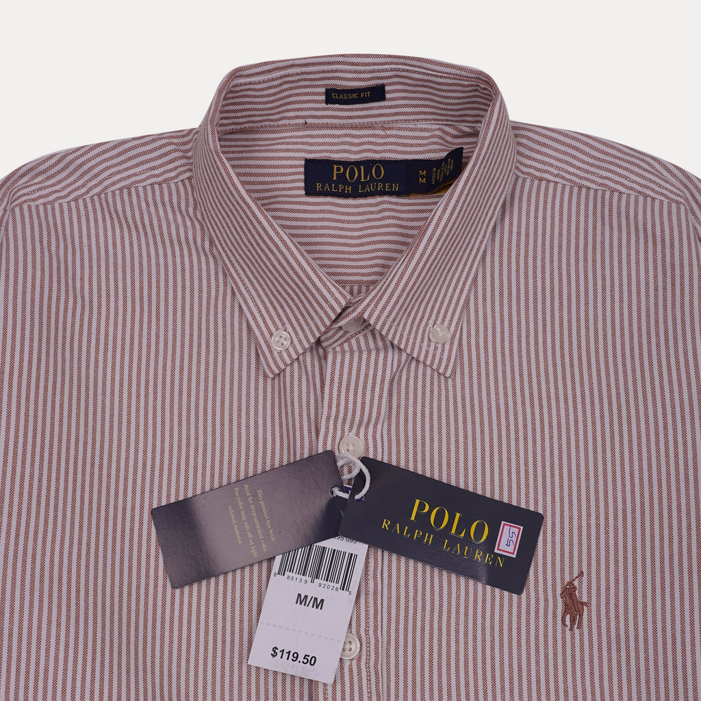 POLO RALPH LAUREN Blazing Coral Classic Fit Long Sleeve Striped Shirt