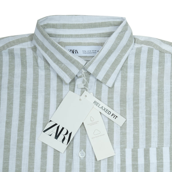 ZARA Tranquil Sage Easy Fit Short Sleeve Striped Shirt