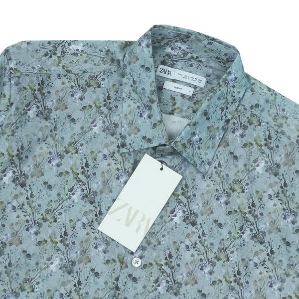 ZARA Tranquil Aqua Short Sleeve Floral Vacation Shirt
