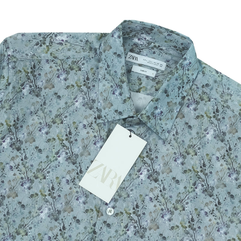 ZARA Tranquil Aqua Short Sleeve Floral Vacation Shirt
