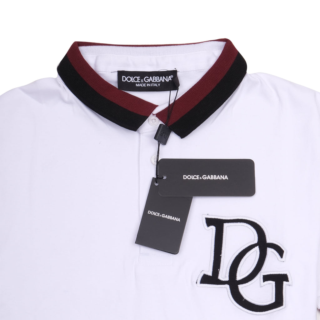 DOLCE&GABBANA Frosted White Slim Fit Polo Shirt with Burgundy Accents