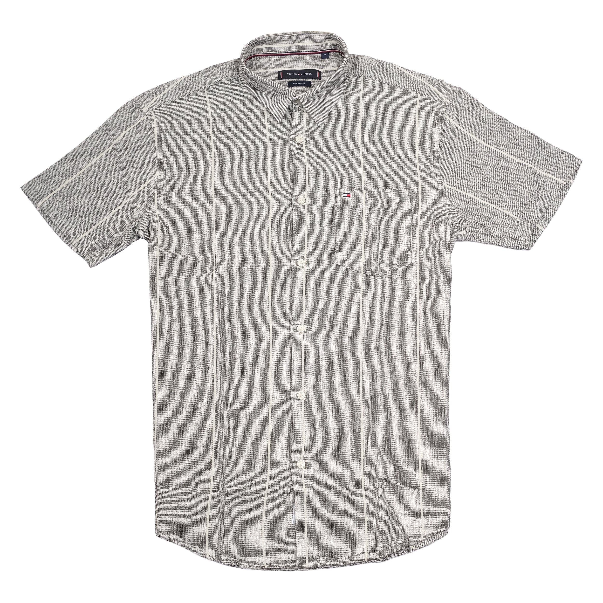 TOMMY HILFIGER Ashen Stripe Slim Fit Short Sleeve Casual Shirt