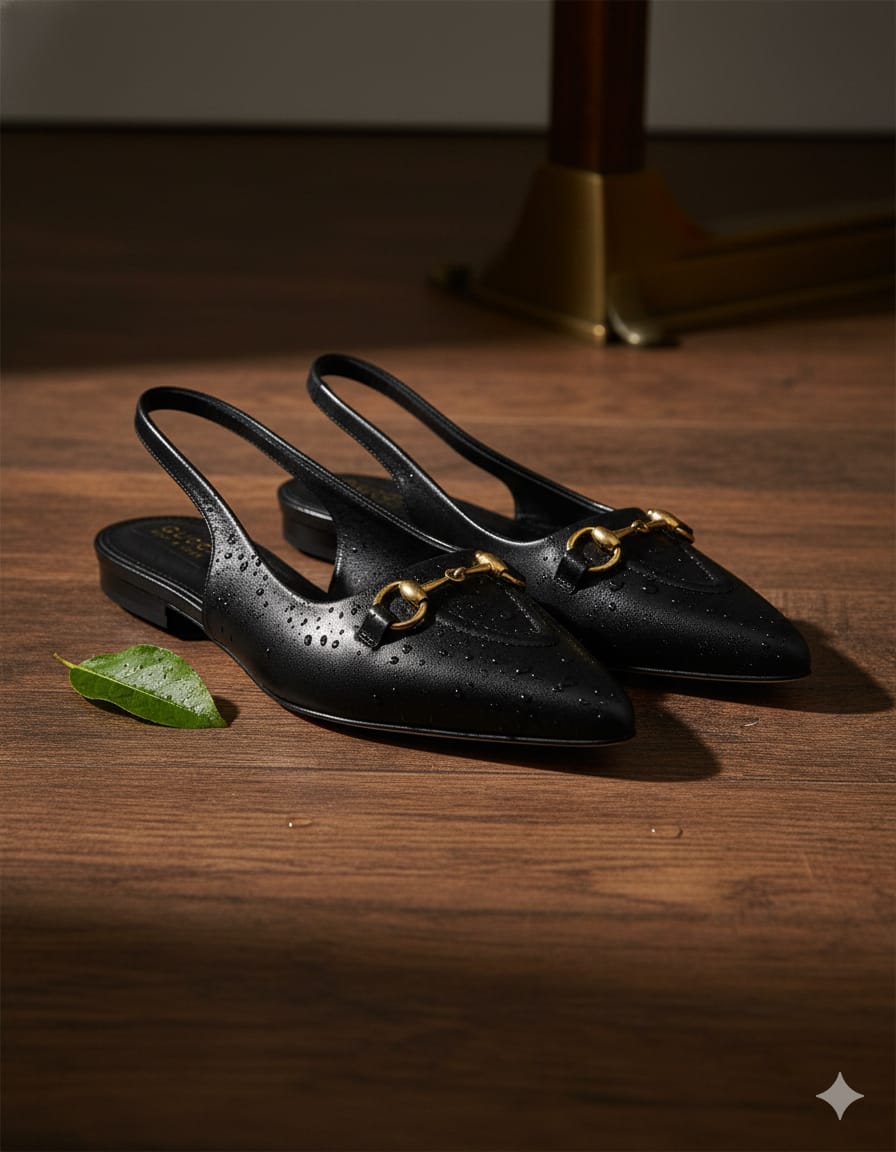 GUCCI Obsidian Shimmering Luxe Slingback Flats with Opulent Accents