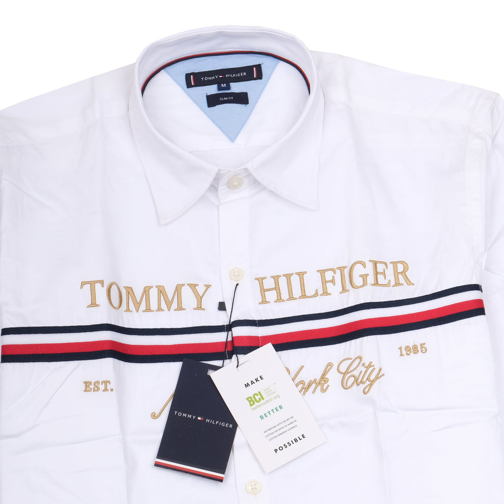 TOMMY HILFIGER Snowy Pearl Classic Fit Long Sleeve Striped Logo Shirt