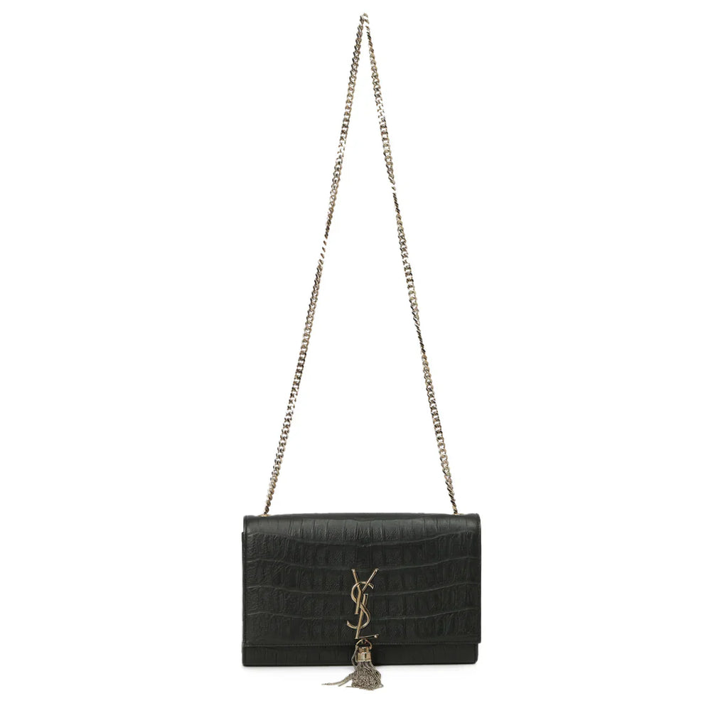 YSL Mystic Onyx Chic Crocodile-Pattern Leather Clutch with Chain Strap