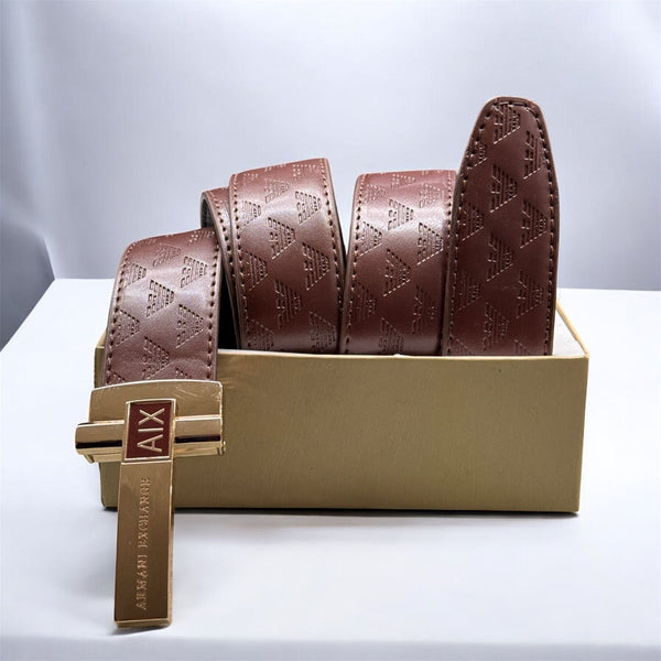 Armani Exchange Monogrammed Leather Belt with Gold Buckle