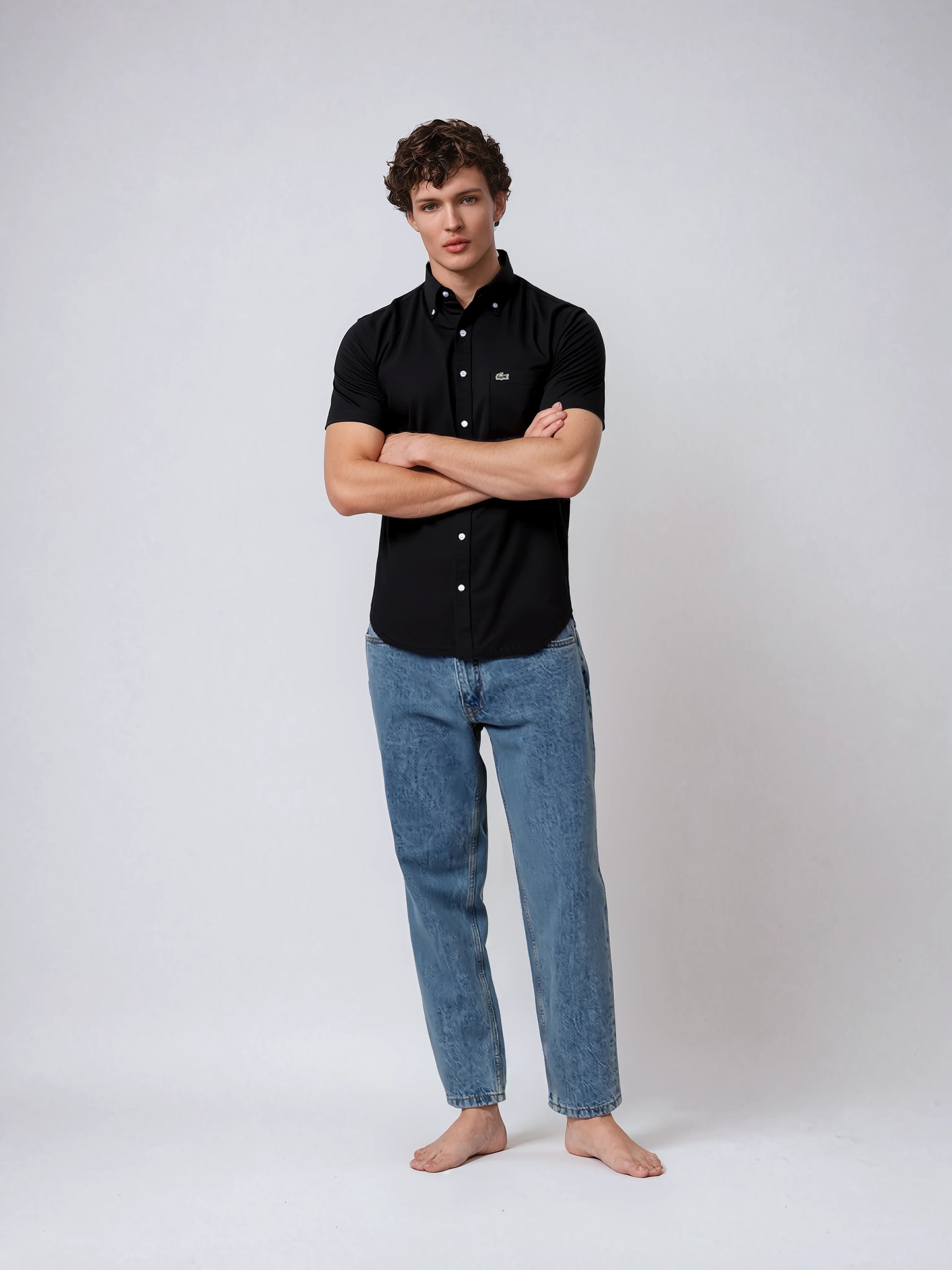 LACOSTE Onyx Noir Classic Fit Short Sleeve Button-Up Shirt