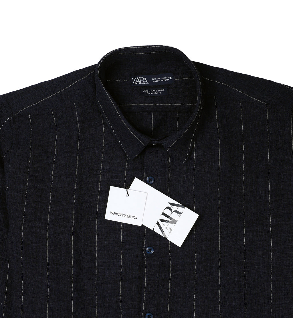 ZARA Midnight Teal Tailored Fit Long Sleeve Striped Shirt