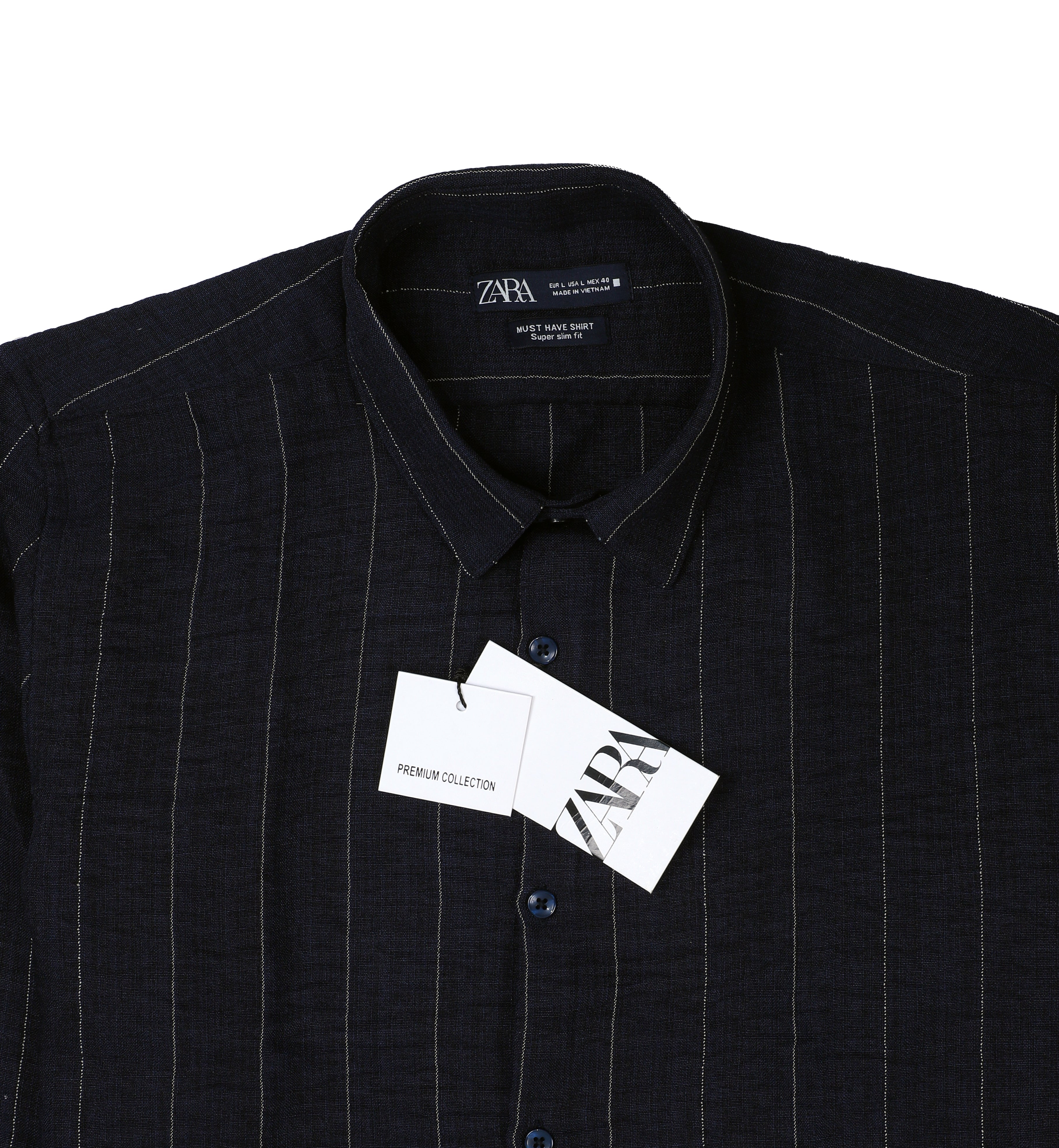 ZARA Midnight Teal Tailored Fit Long Sleeve Striped Shirt