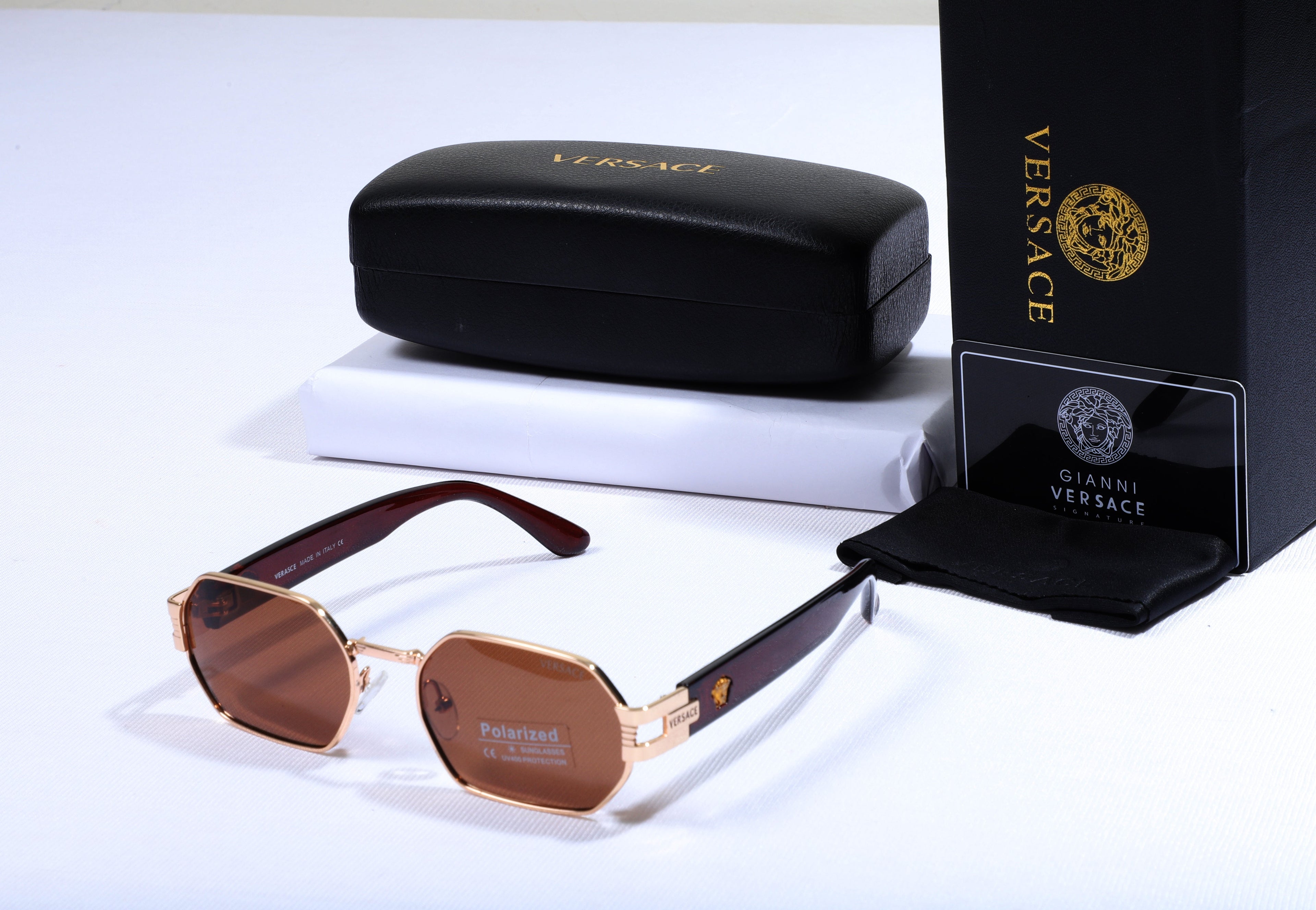 VERSACE Luminous Topaz Octagonal Polarized Sunglasses with Luxe Gold Accents