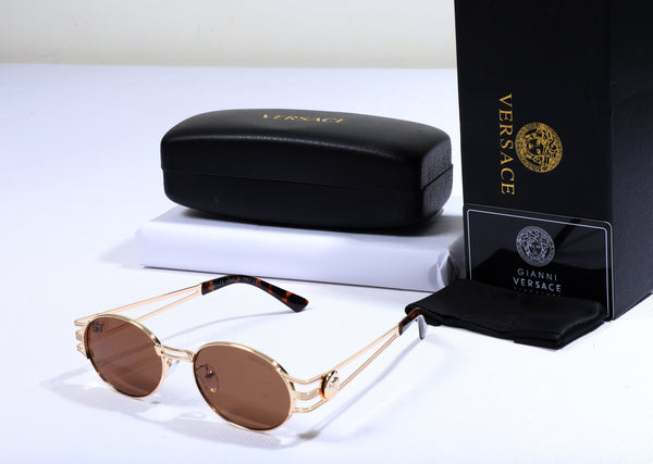 VERSACE Luminous Amber Luxe Oval Frame Sunglasses with Chestnut Tint Lenses