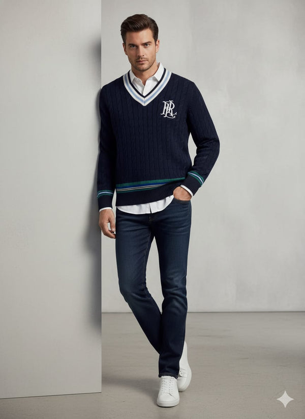 POLO RALPH LAUREN Starlight Teal Luxe Fit Cable-Knit V-Neck Sweater