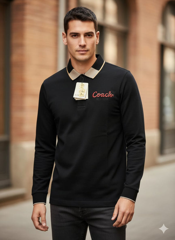 COACH Enchanted Charcoal Tailored Fit Long Sleeve Polo Shirt