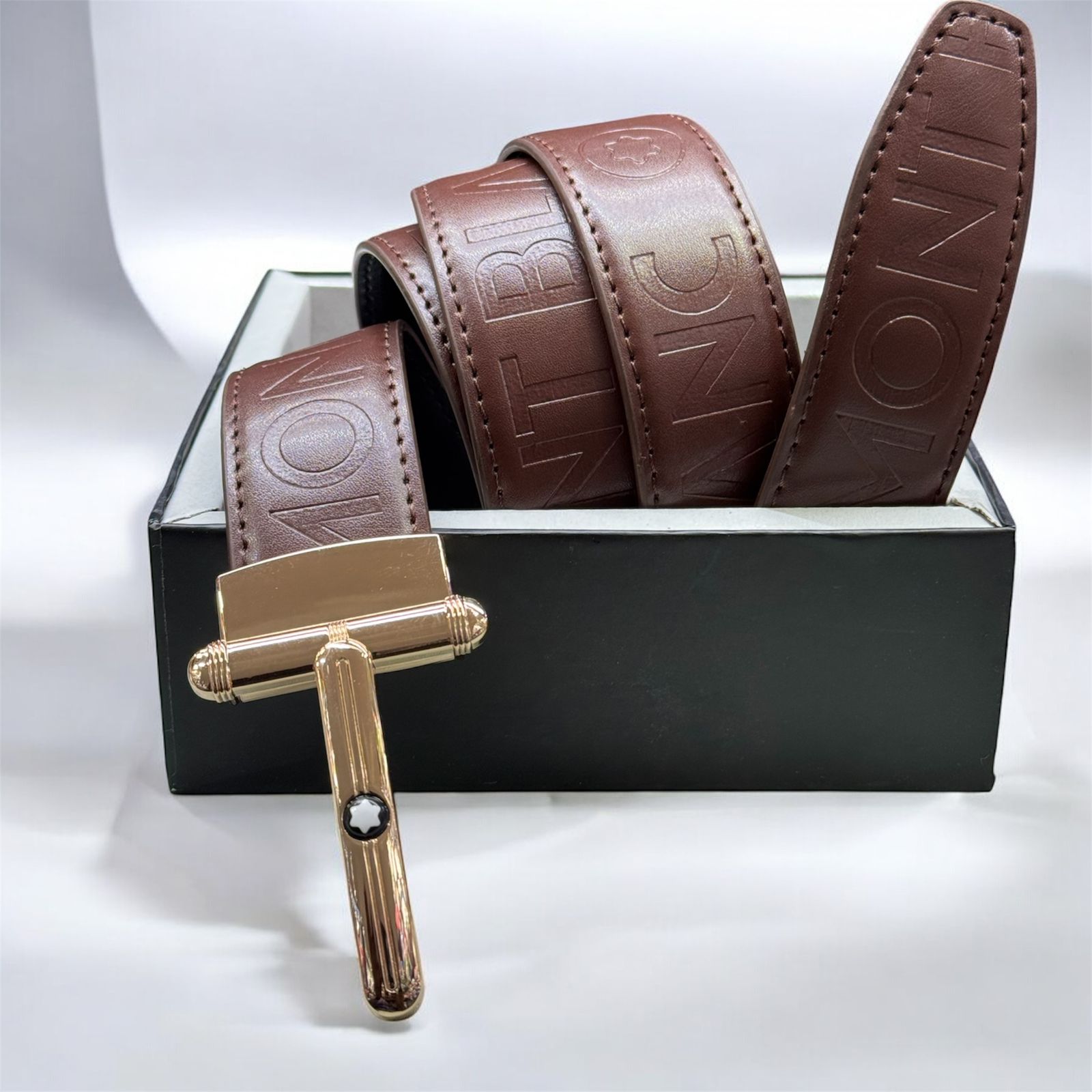 Montblanc Luxe Leather Belt Set with Gold Razor