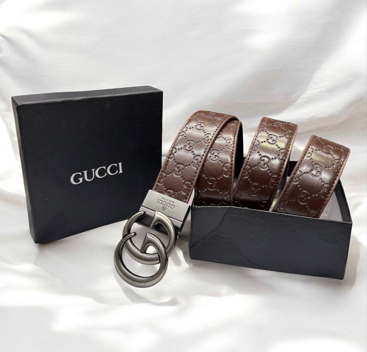 GUCCI Signature Monogram Leather Belt with Double G Buckle