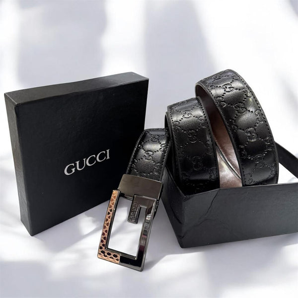 GUCCI Monogram Leather Belt with Signature Buckle