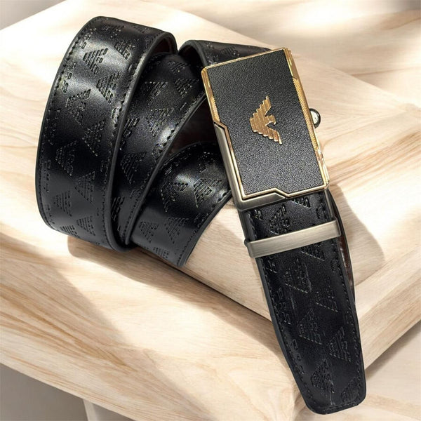 Emporio Armani Signature Leather Belt with Gold Buckle