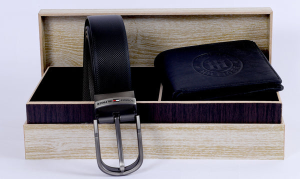 TOMMY HILFIGER Obsidian Velvet Tailored Fit Luxe Leather Belt & Wallet Set
